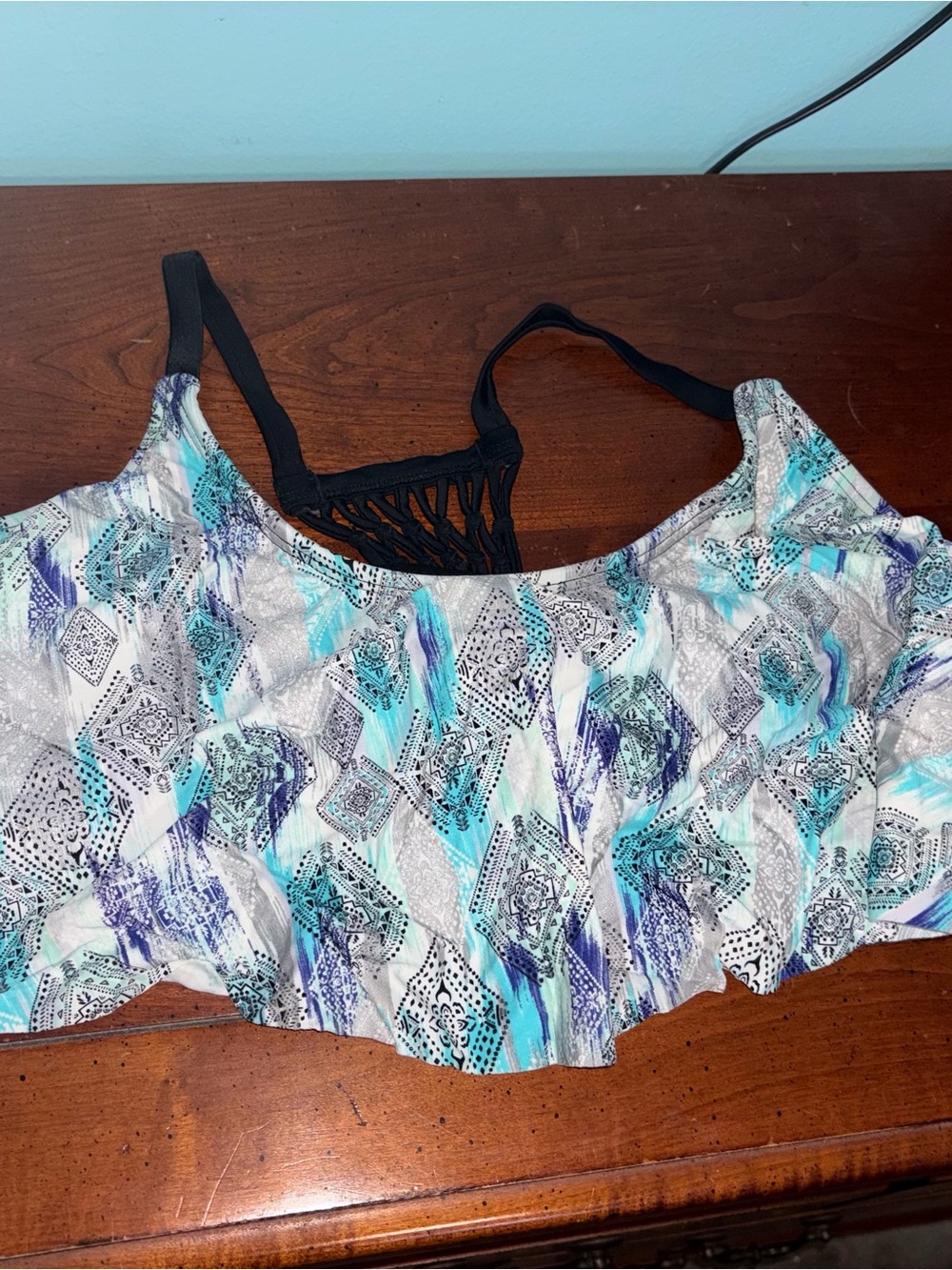 Patterned Bikini Top in Teal, Blue and Black- 3x
